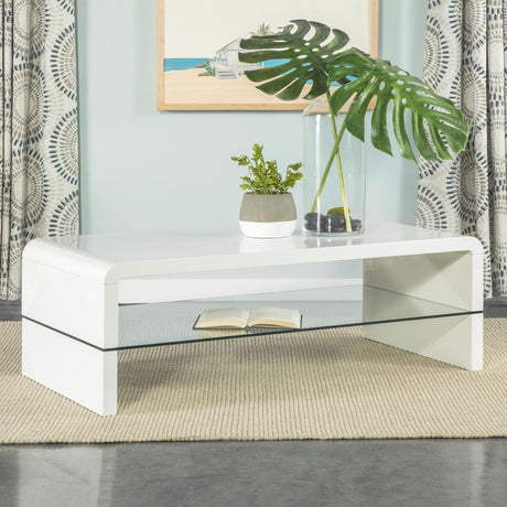 Airell White High Gloss Rectangular Coffee Table with Glass Shelf by Coaster at Eve Furniture