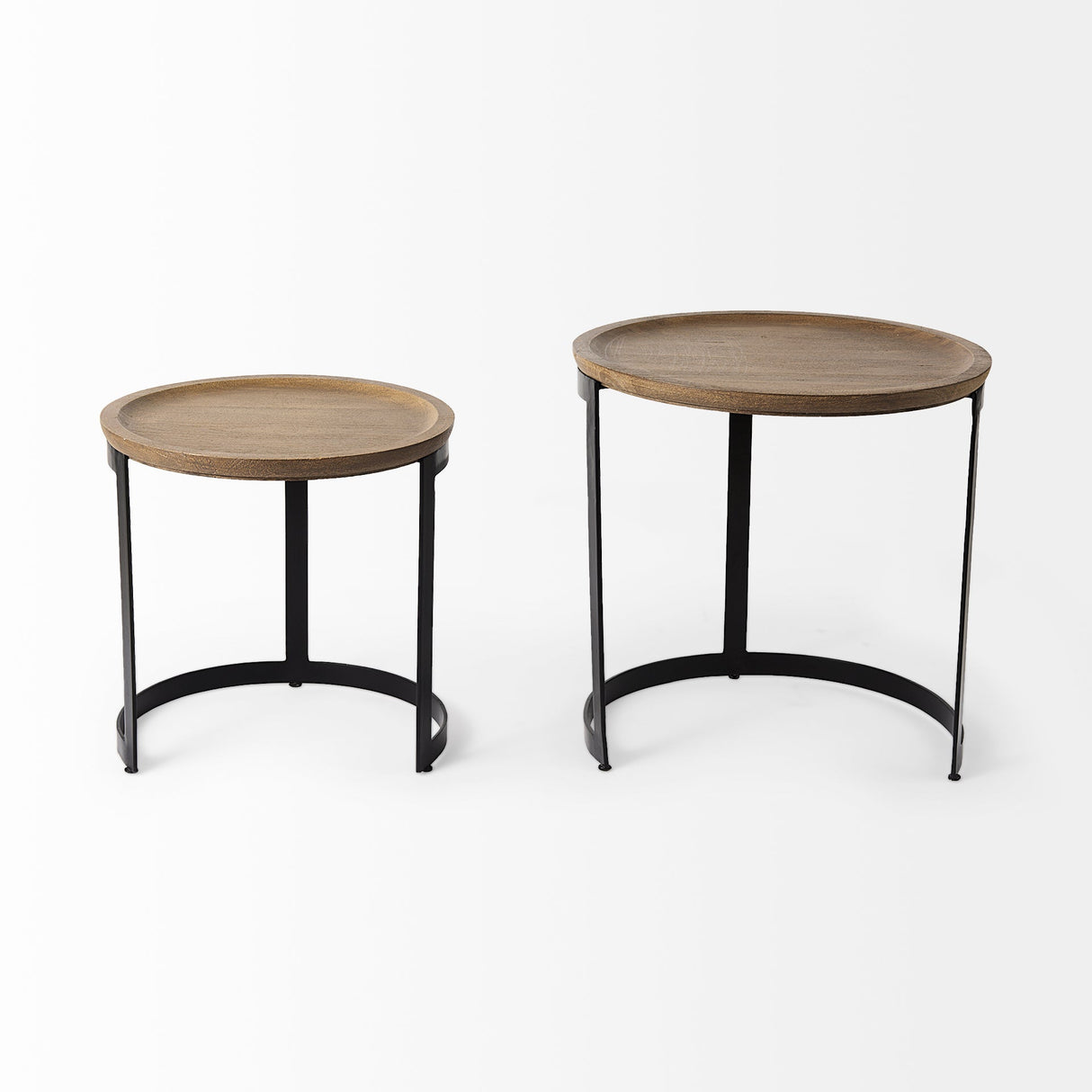 Aisley (Set of 2) 19.3L x 19.3W x 19H Light Brown Wood W/ Black Metal Base Round Nesting Side Tables by Mercana at Eve Furniture
