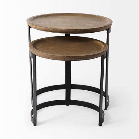 Aisley (Set of 2) Light Brown Wood W/ Black Metal Base Round Nesting Side Tables by Mercana at Eve Furniture