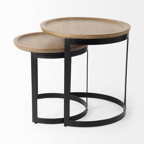 Aisley (Set of 2) Light Brown Wood W/ Black Metal Base Round Nesting Side Tables by Mercana at Eve Furniture
