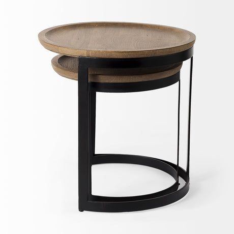 Aisley (Set of 2) Light Brown Wood W/ Black Metal Base Round Nesting Side Tables by Mercana at Eve Furniture