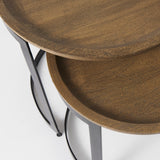 Aisley (Set of 2) Light Brown Wood W/ Black Metal Base Round Nesting Side Tables by Mercana at Eve Furniture