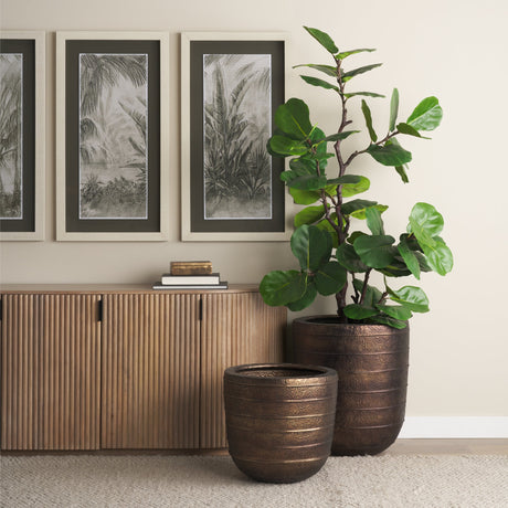 Aivana Large Antiqued Gold Metal Floor Vase by Mercana at Eve Furniture