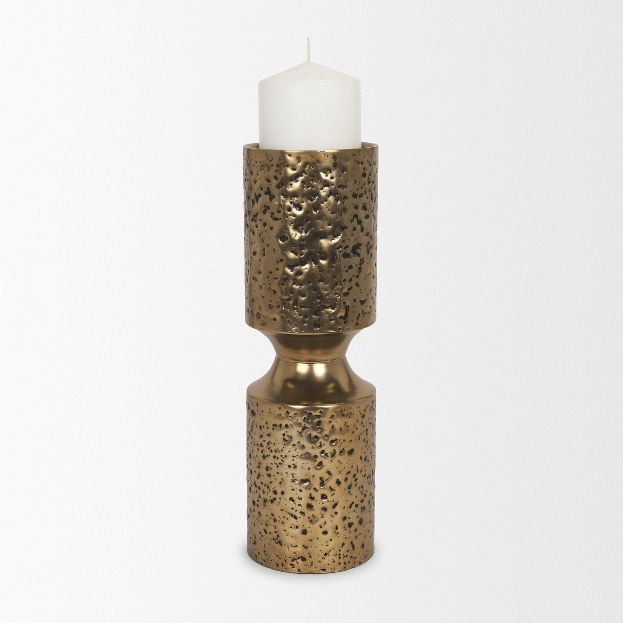 Akira Large Hammered Gold Metal Pillar Candle Holder by Mercana at Eve Furniture