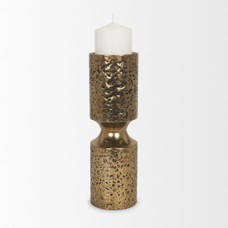 Akira Large Hammered Gold Metal Pillar Candle Holder by Mercana at Eve Furniture