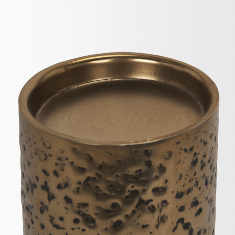 Akira Large Hammered Gold Metal Pillar Candle Holder by Mercana at Eve Furniture