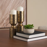 Akira Large Hammered Gold Metal Pillar Candle Holder by Mercana at Eve Furniture