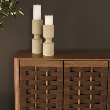 Akira Large Textured Beige Metal Pillar Candle Holder by Mercana at Eve Furniture