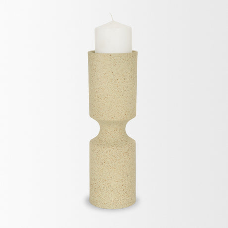 Akira Large Textured Beige Metal Pillar Candle Holder by Mercana at Eve Furniture