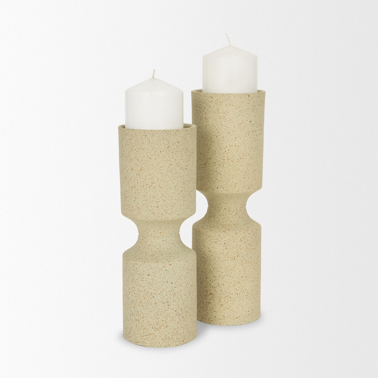 Akira Large Textured Beige Metal Pillar Candle Holder by Mercana at Eve Furniture