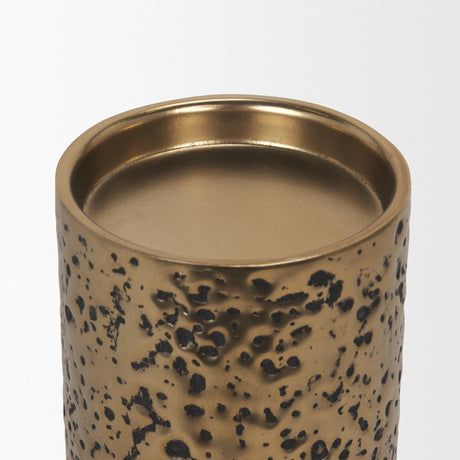 Akira Small Hammered Gold Metal Pillar Candle Holder by Mercana at Eve Furniture