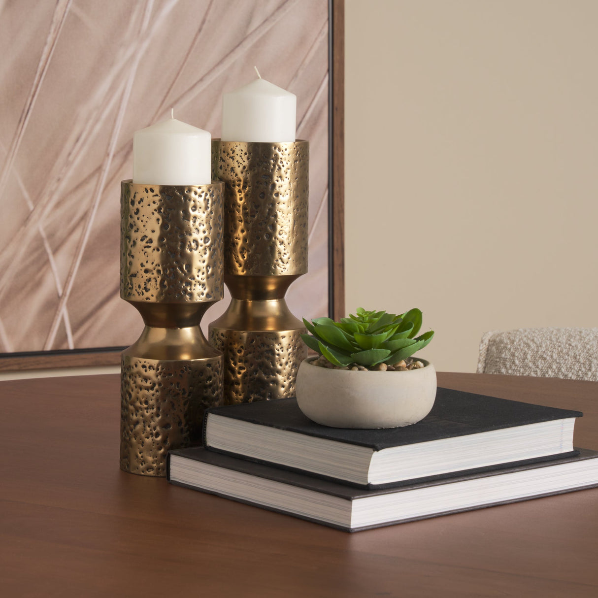 Akira Small Hammered Gold Metal Pillar Candle Holder by Mercana at Eve Furniture