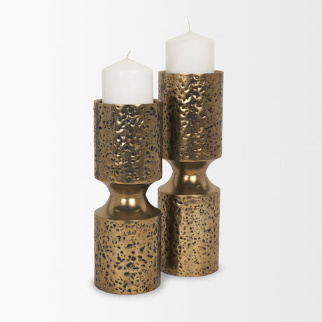 Akira Small Hammered Gold Metal Pillar Candle Holder by Mercana at Eve Furniture