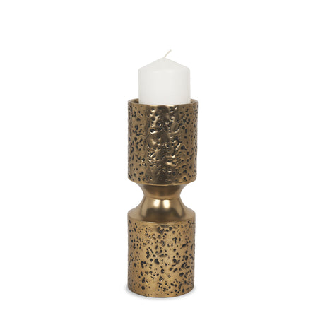 Akira Small Hammered Gold Metal Pillar Candle Holder by Mercana at Eve Furniture