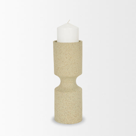 Akira Small Textured Beige Metal Pillar Candle Holder by Mercana at Eve Furniture