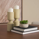 Akira Small Textured Beige Metal Pillar Candle Holder by Mercana at Eve Furniture