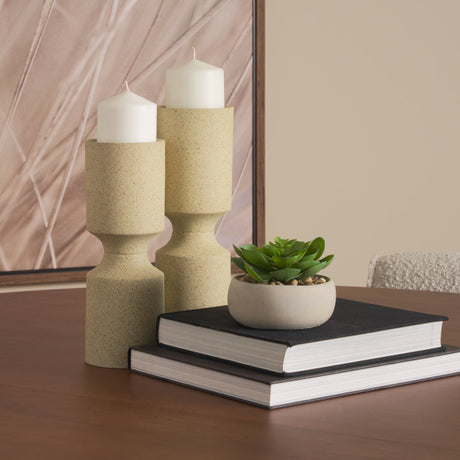 Akira Small Textured Beige Metal Pillar Candle Holder by Mercana at Eve Furniture