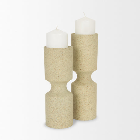 Akira Small Textured Beige Metal Pillar Candle Holder by Mercana at Eve Furniture