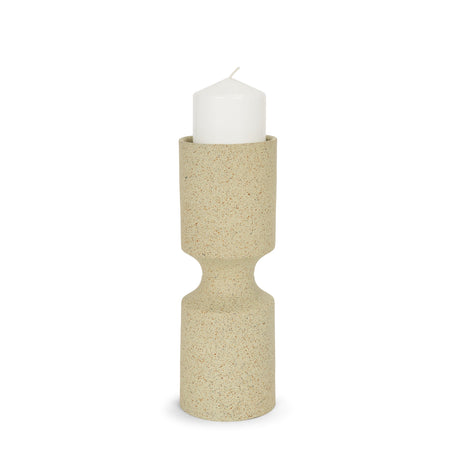 Akira Small Textured Beige Metal Pillar Candle Holder by Mercana at Eve Furniture