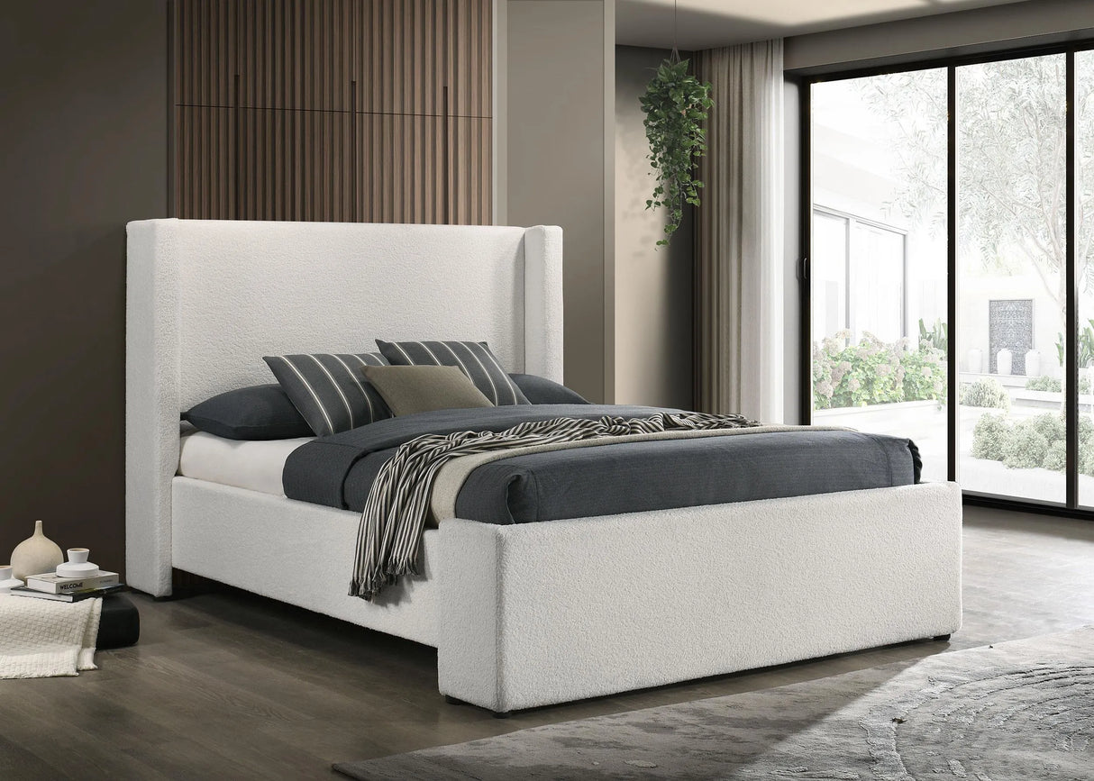 Alamosa White Boucle Upholstered Eastern King Wingback Platform Bed by Coaster at Eve Furniture