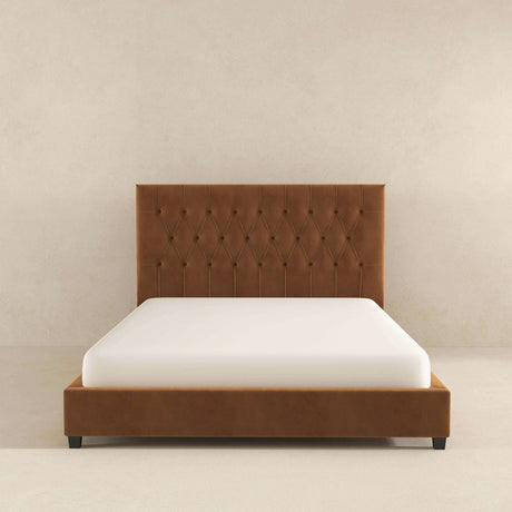 Donald Mid Century Modern Cognac Velvet Platform Bed Queen by Ashcroft Imports at Eve Furniture