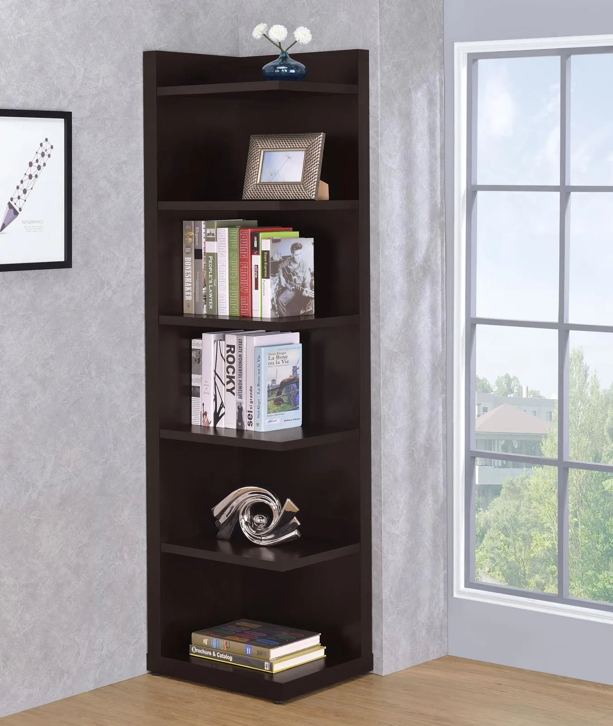 Alder Cappuccino 71-inch 6-shelf Corner Bookcase by Coaster at Eve Furniture