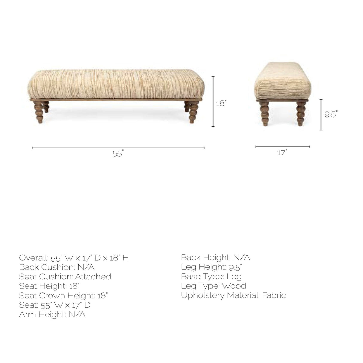 Alder II 55L x 16W Cream Upholstered Seat Wooden Base Accent Bench by Mercana at Eve Furniture