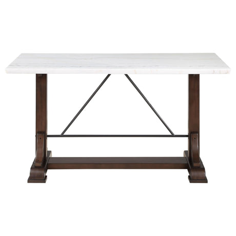 Aldrich Counter Height Trestle Base Dining Table with Genuine White Marble Top and Dark Brown