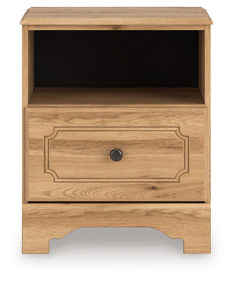 Aleaport Warm Brown Queen Panel Bed, Dresser, Mirror and Nightstand by Ashley at Eve Furniture
