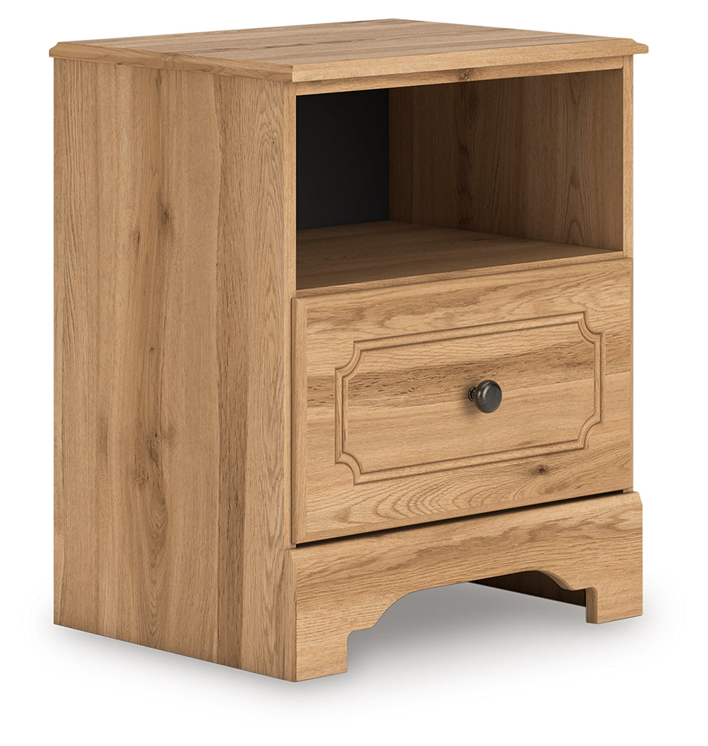 Aleaport Warm Brown Queen Panel Bed, Dresser, Mirror and Nightstand by Ashley at Eve Furniture