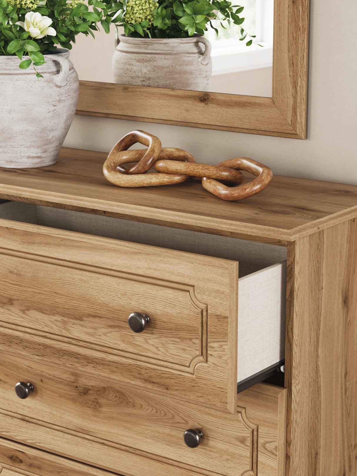 Aleaport Warm Brown Queen Panel Bed, Dresser, Mirror and Nightstand by Ashley at Eve Furniture