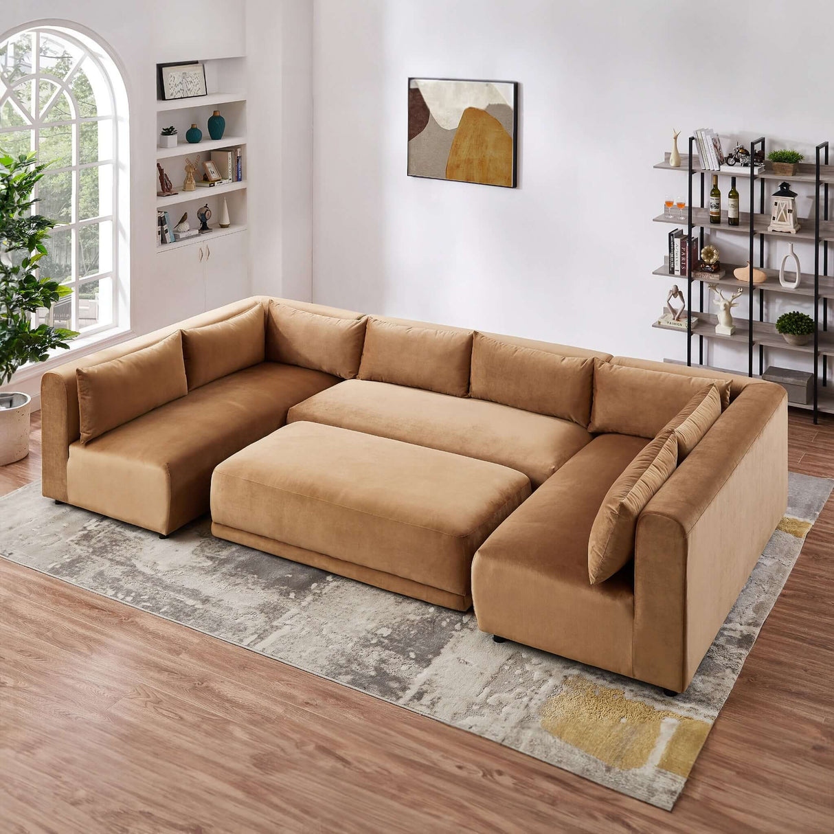 Aleny Modular Corner Sectional Mid-Century Modern Sofa Cognac / Velvet
