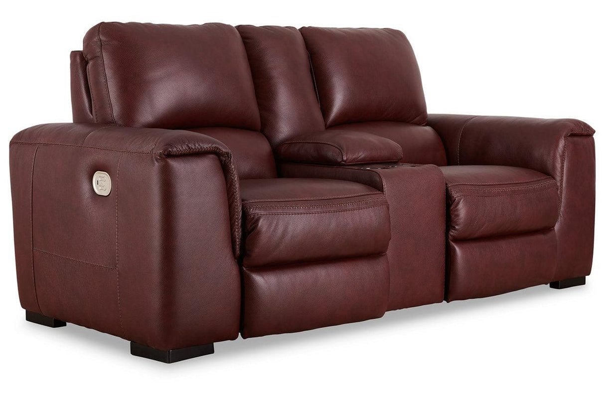 Alessandro Garnet Dual Power Leather Reclining Loveseat with Console by Ashley at Eve Furniture