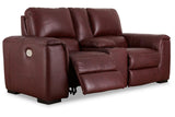 Alessandro Garnet Dual Power Leather Reclining Loveseat with Console by Ashley at Eve Furniture