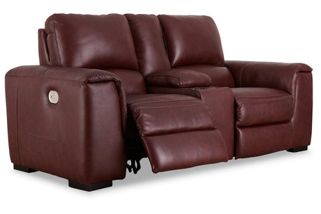 Alessandro Garnet Dual Power Leather Reclining Loveseat with Console by Ashley at Eve Furniture