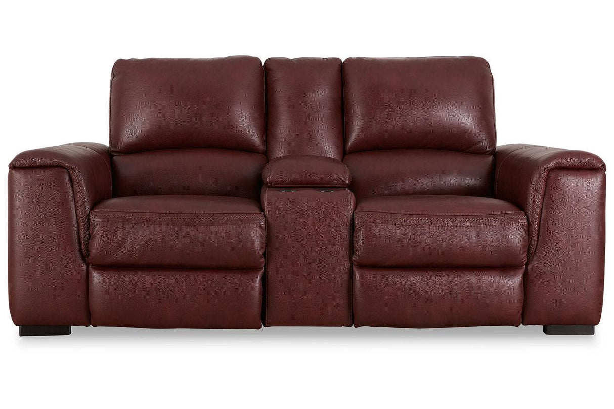 Alessandro Garnet Dual Power Leather Reclining Loveseat with Console by Ashley at Eve Furniture