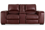 Alessandro Garnet Dual Power Leather Reclining Loveseat with Console by Ashley at Eve Furniture