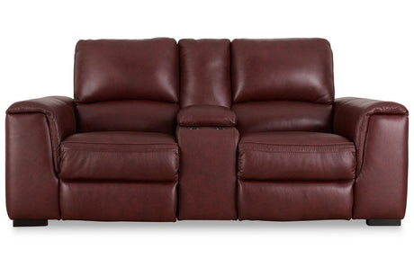 Alessandro Garnet Dual Power Leather Reclining Loveseat with Console by Ashley at Eve Furniture