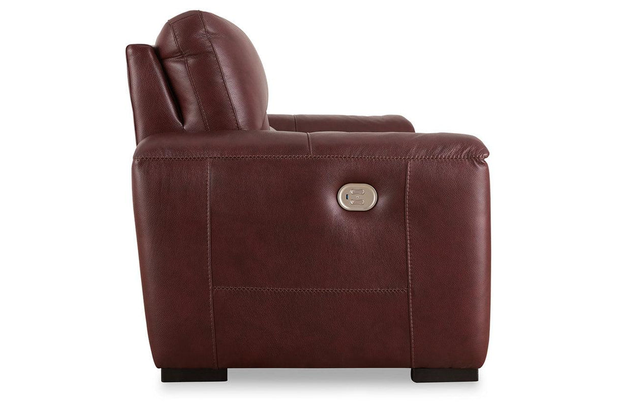 Alessandro Garnet Dual Power Leather Reclining Loveseat with Console by Ashley at Eve Furniture