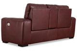 Alessandro Garnet Dual Power Leather Reclining Loveseat with Console by Ashley at Eve Furniture