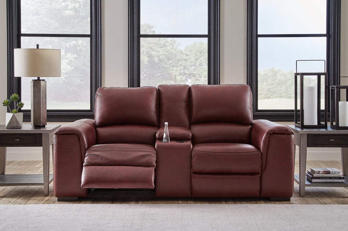Alessandro Garnet Dual Power Leather Reclining Loveseat with Console by Ashley at Eve Furniture