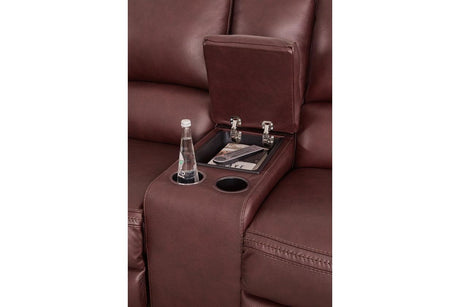 Alessandro Garnet Dual Power Leather Reclining Loveseat with Console by Ashley at Eve Furniture