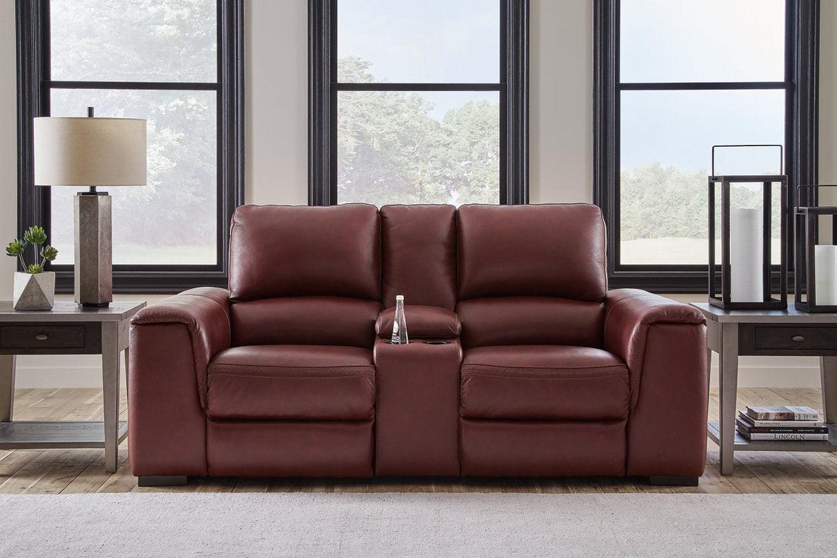 Alessandro Garnet Dual Power Leather Reclining Loveseat with Console by Ashley at Eve Furniture