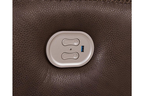 Alessandro Walnut Dual Power Leather Reclining Loveseat with Console by Ashley at Eve Furniture