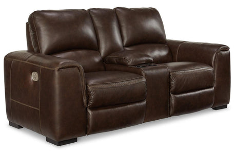 Alessandro Walnut Dual Power Leather Reclining Loveseat with Console by Ashley at Eve Furniture