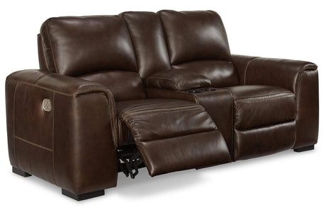 Alessandro Walnut Dual Power Leather Reclining Loveseat with Console by Ashley at Eve Furniture