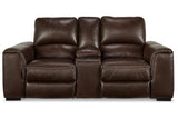 Alessandro Walnut Dual Power Leather Reclining Loveseat with Console by Ashley at Eve Furniture