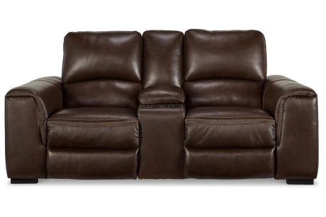 Alessandro Walnut Dual Power Leather Reclining Loveseat with Console by Ashley at Eve Furniture