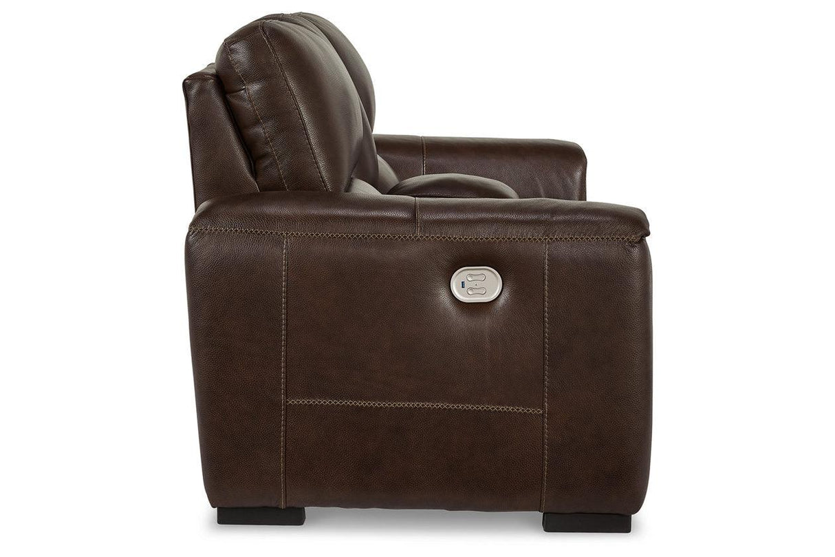Alessandro Walnut Dual Power Leather Reclining Loveseat with Console by Ashley at Eve Furniture