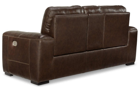 Alessandro Walnut Dual Power Leather Reclining Loveseat with Console by Ashley at Eve Furniture